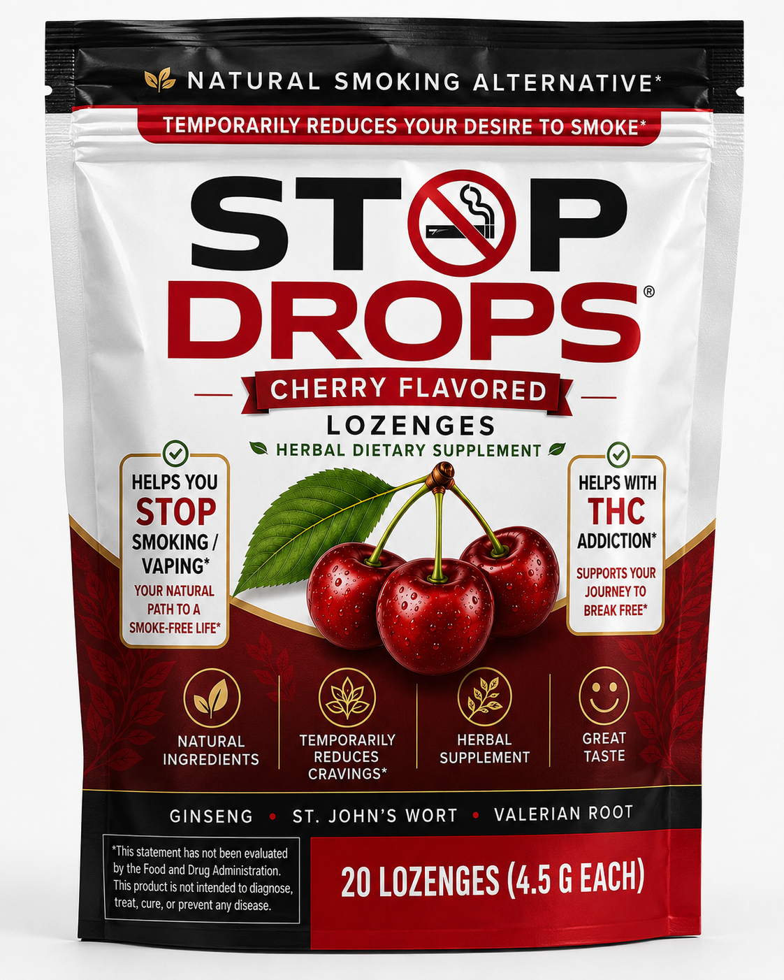 Stop Drops cherry flavored lozenges pouch